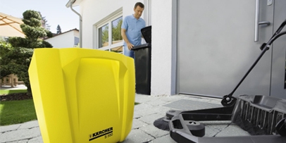 Sweeping container stands on its own